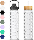 MUKOKO 32oz Glass Water Bottles with 2 Lids-Handle Spout Lid&Bamboo Straw Lid, Motivational Water Tumbler with Time Marker Reminder and Silicone Sleeve, Leakproof-White-1 Pack