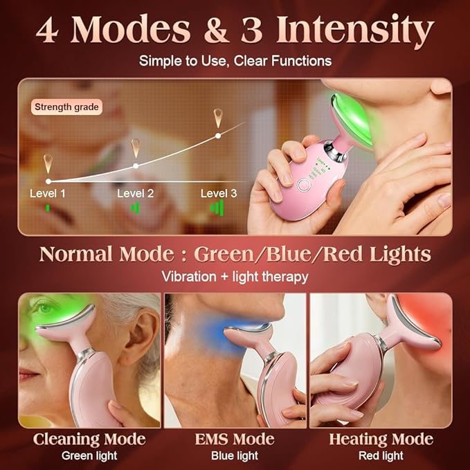 Face and Neck Massager Tool with Heat & 3 Light Therapies, Smart Vibration, Red-Light-Therapy and EMS Modes, Gua Sha Facial Tools for Face and Neck Skin Care and TMJ Relief (Pink)
