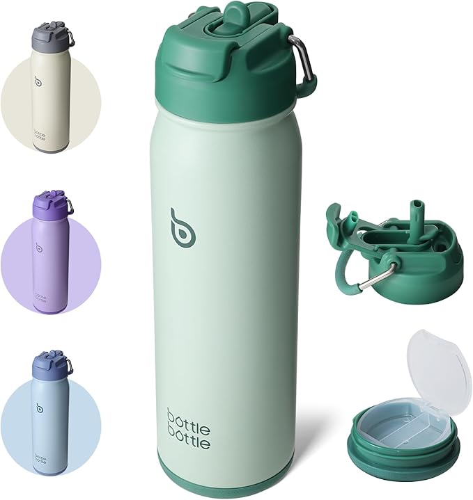 BOTTLE BOTTLE 24oz Insulated Water Bottle Stainless Steel Sport Water Bottle with Straw and Adjustable Lid Daily Pill Organizer