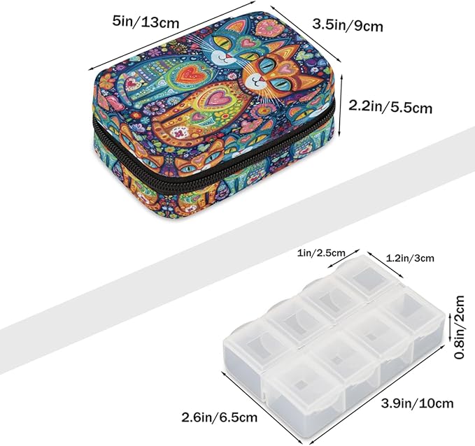 Abstract Cat Ethnic Pill Case Travel Pill Organizer Weekly 7 Day Portable with Zipper Medicine Box Pill Case for Vitamins, Birth Control,Fish Oils,Medication, Supplements