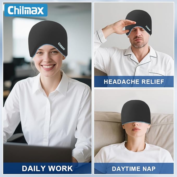 Migraine Relief Cap,Full Head Ice Hat Hot & Cold Gel Compress Pack with Face and Eye Mask,Headache Ice Pack Head Wrap for Hangover, Fever, Puffy Eyes,Tension, Sinus, Stress Relief (Black)