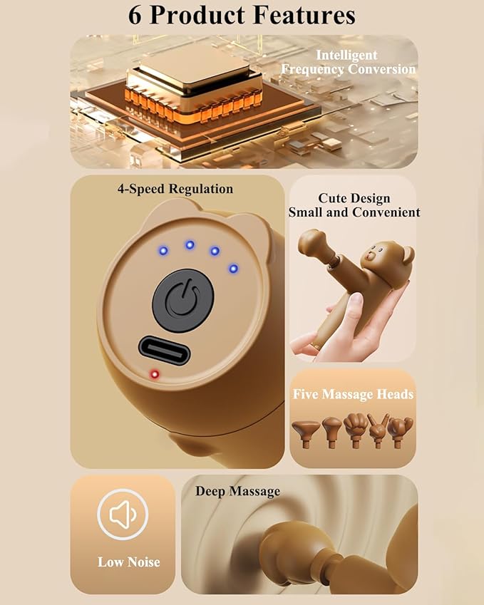 Mini Massage Gun with Bear Design, 5 Interchangeable Heads,4-Speed Regulation, Deep Tissue Percussion Massager for Athletes, Pain Relief (Brown)