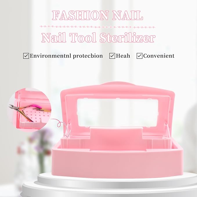 Nail Tool Sterilizer Box, Plastic Sterilizing Tray, Plastic Clean Sterilizing Box Storage Organizer for Nail, Tweezers, Eyelash Extensions, Hair Salon, Spa & Cutter Manicure Equipment (Pink)