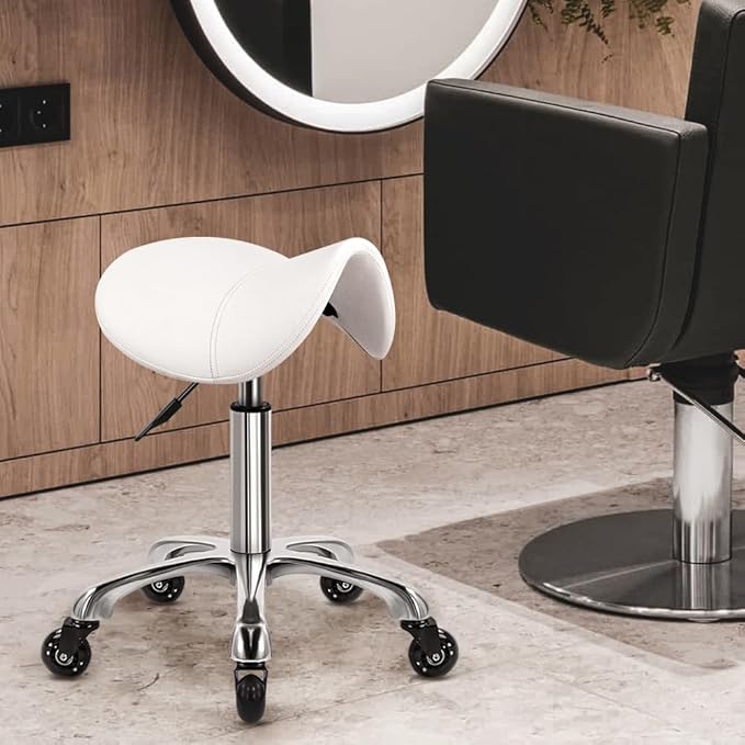 Heavy Duty Saddle Rolling Stool with Wheels Hydraulic Swivel Adjustable Rolling Chair Ergonomic Thick Leather Seat Stool Chair for Kitchen Drafting Lab Office Salon Massage Chair – White