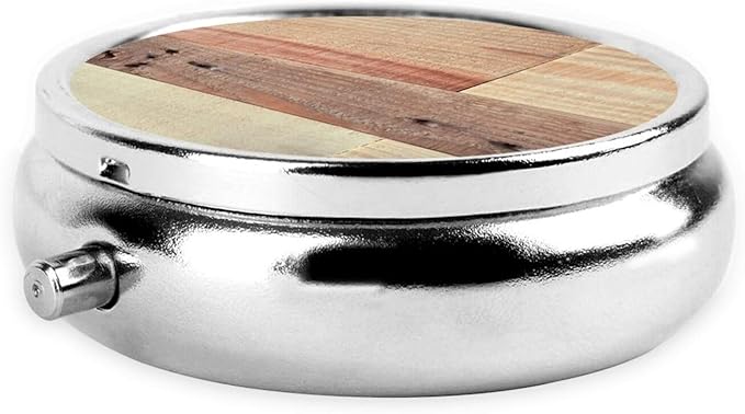 Rustic Wood Background Printed Round Pill Box Portable Mini Pill Case Metal Iron Plating Pill Organizer with 3 Compartment for Pocket Purse