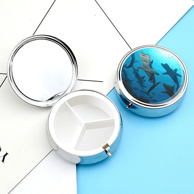 Hammerhead Sharks Pill Box Cute Round Pill Box 3 Compartment Decorative Pocket Purse Portable Mini Travel Medicine Tablet Vitamin Fish Oil Holder Organizer Pill Case