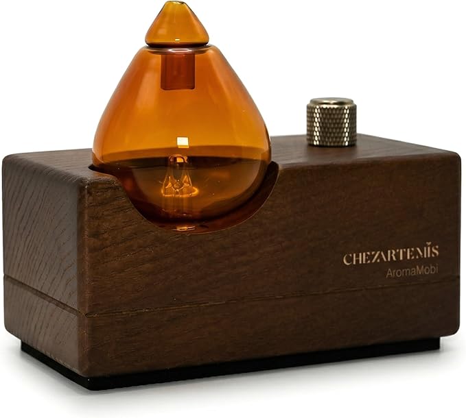 Amber Premium Glass Essential Oil Diffuser with Handmade Wood Base for Aromatherapy, Retro Waterless Scent Diffuser with Cool Mist, Rechargeable & Wireless Oil Nebulizer with LED & Timer, 2026 Model
