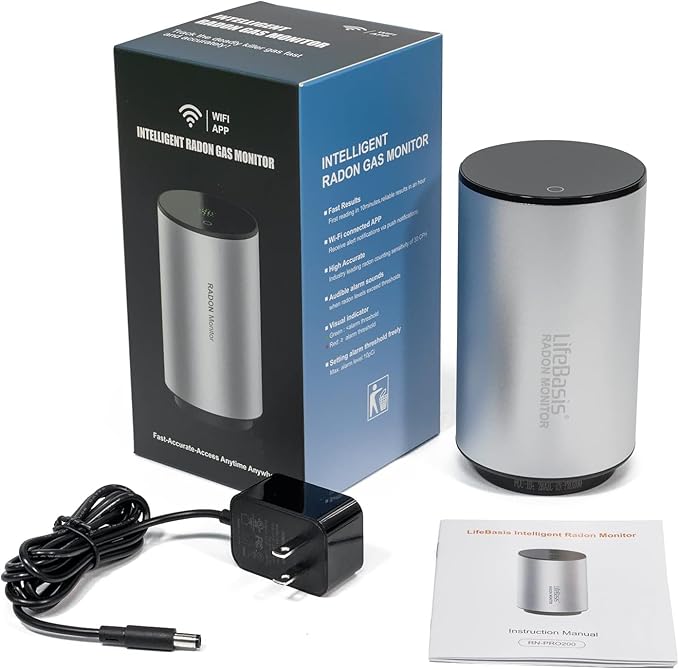 Life Basis Radon Detector for Home Basement, Smart Radon Monitor Fast Capture of Fluctuating Levels, Radon Tester Short & Long-Term Monitoring with Notifications - Connected Mobile App & WiFi