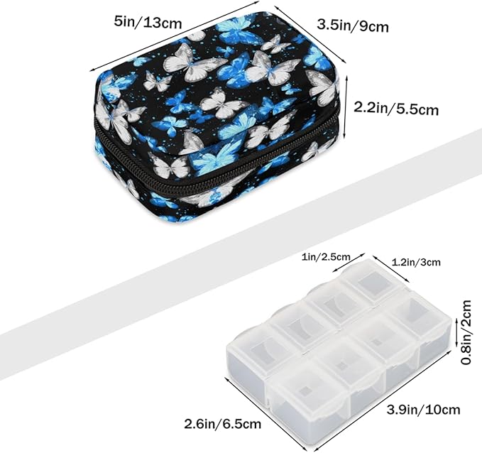 Beautiful Blue Butterflies Pill Case Travel Pill Organizer Weekly 7 Day Portable with Zipper Medicine Box Pill Case for Vitamins, Birth Control,Fish Oils,Medication, Supplements