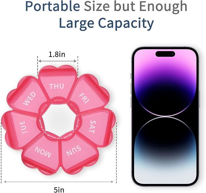 Pink Weekly Pill Organizer, Pill Box 7 Days, Daily Vitamin Case with Large Capacity Compartments, Pills Containers for Fish Oil Medicine and Other Supplements