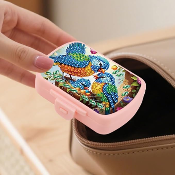 C'eitura 2pcs DIY Colorful Bird Diamond Art Painting Pink Pill Organizer with 6 Lid Detachable Compartments, Fun DIY Craft Project for Adults, Elegant Pill Case for Purse & Travel