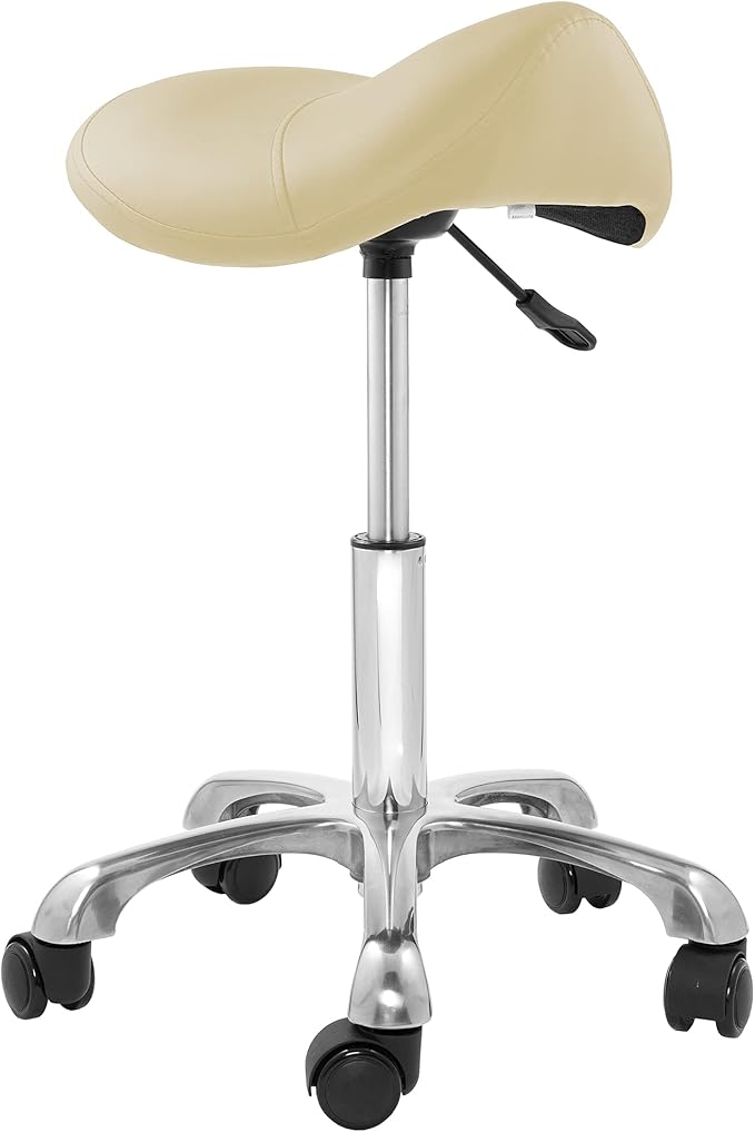 Saloniture Professional Ergonomic Saddle Stool, Cream - Adjustable Hydraulic Seat, Rolling Spa Salon, Massage, and Medical Office Chair with Swivel Wheels