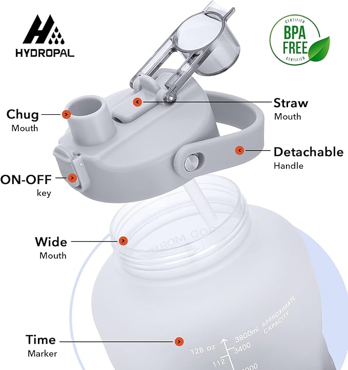 HydroPal 1 Gallon Water Bottles with Straw, 128 oz Water Bottle BPA Free Innovative 2-IN-1 Lid Gym Bottle with Times to Drink Motivational, Large for Sports Fitness Camping Water Jug （13.8X5.5 inch）