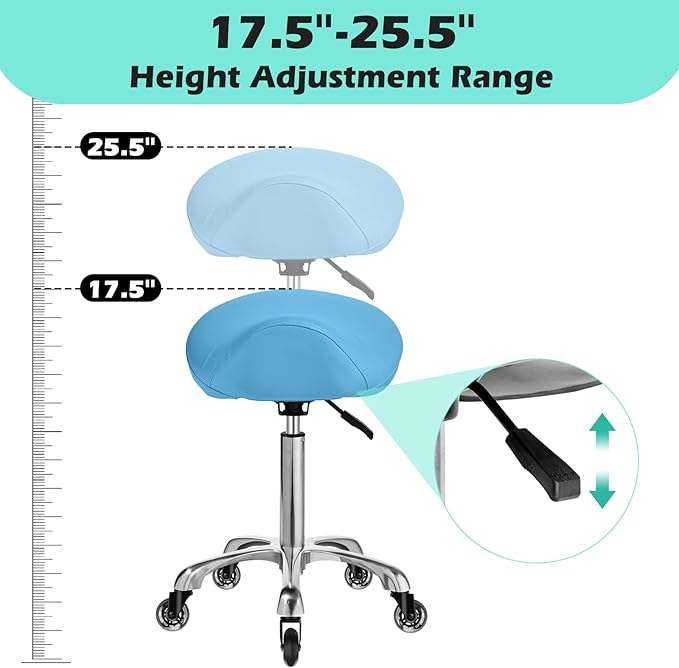 Saddle Stool with wheels Ergonomic - Heavy Duty 400lbs, Upgraded Thick Saddle Cushion, Healthy Posture Correction, Swivel Adjustable Rolling Saddle Stool, Saddle Chair for Salon Massage Home (Blue)