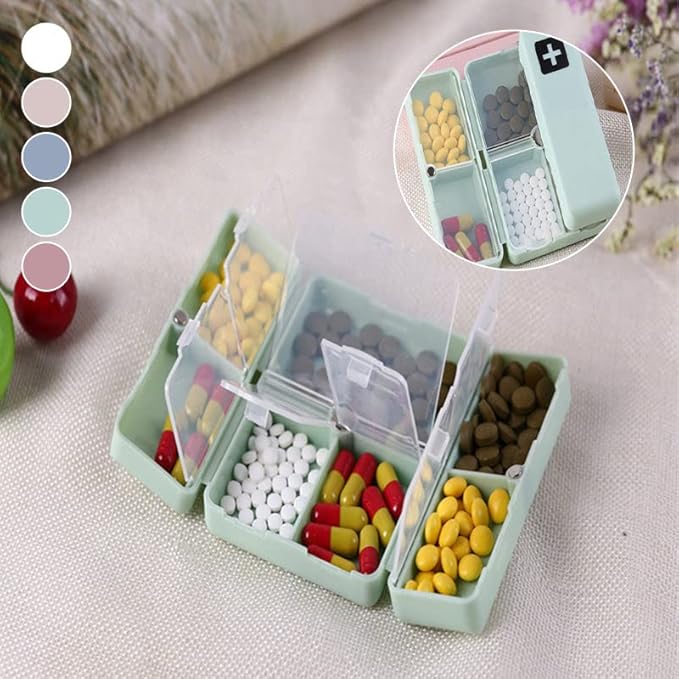 Daily Pill Organizer, 7 Compartments Portable Pill Case Travel Pill Organizer, Folding Design Pill Box (White)