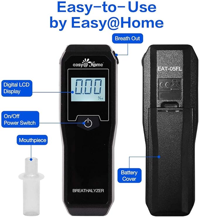 Easy@Home Breathalyzer, Professional-Grade Portable Fuel Cell Breath Alcohol Tester, Personal BAC Level Tracker Color Backlit Digital Notifications, 5 mouthpieces EAT-05FL
