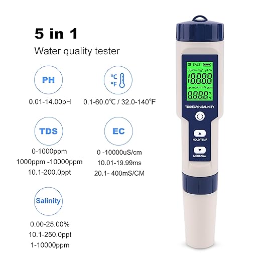 PH Meter for Water 5 in 1 PH Temp TDS and EC Meter,Salinity Meter,PH Tester Digital,TDS Meter Digital Water Tester&Pool Salt Tester for Swimming Pool.