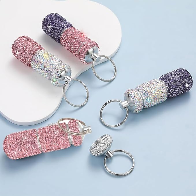 Bling Pill Case Portable Travel Pill Container Bottle Rhinestone Waterproof Small Pill Holder with Keychain Cute Mini Pill Storage Box (Pink)