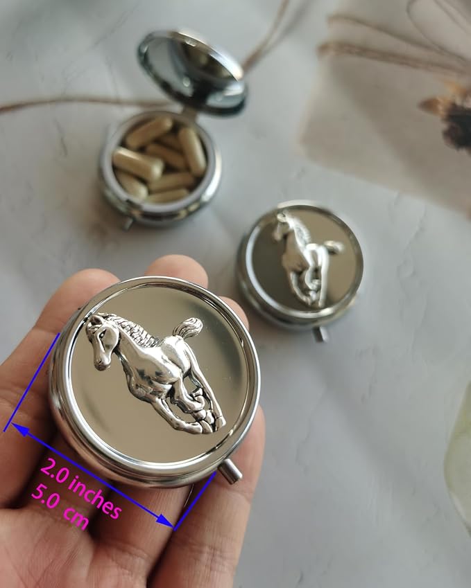Medicine Pill Organizer Travel Pill Case - Small Pill Box for Purse, Mini Pocket Pill Case for Men, Cute Daily Pill Organizer Weekly Vitamin Pill Holder Round Metal Pill Box (Horse)