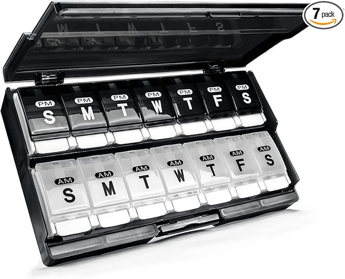 Extra Large Weekly Pill Organizer 2 Times a Day - Remtise Am/Pm Daily Pill Case Medicine Organizer, Push Button 7 Day Pill Box for Pills/Vitamin/Cod Liver Oil/Supplements (Black & White)