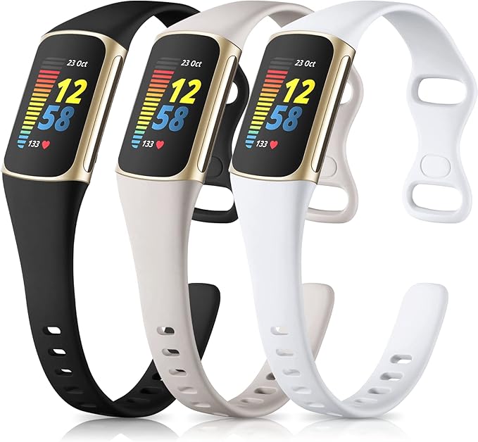 Maledan 3 Pack Bands Compatible with Fitbit Charge 5/Charge 6 Advanced Fitness Tracker, Soft Slim Sport Waterproof Replacement Accessory Wristbands for Women Men, Black/Gray/White