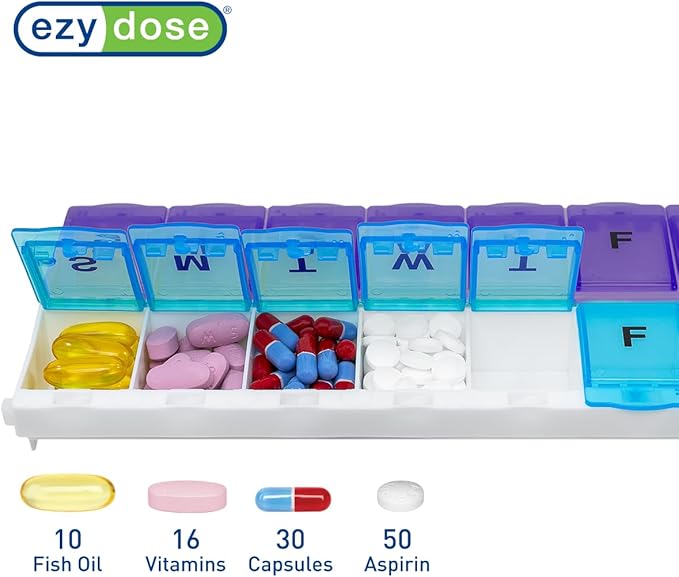EZY DOSE Pill Organizer Weekly AM/PM (7-Day), Medicine Planner, Vitamin Case/Box, 2X-Large Locking Compartments to Secure Prescription and Prevent Accidental Spilling, Blue and Purple, BPA Free