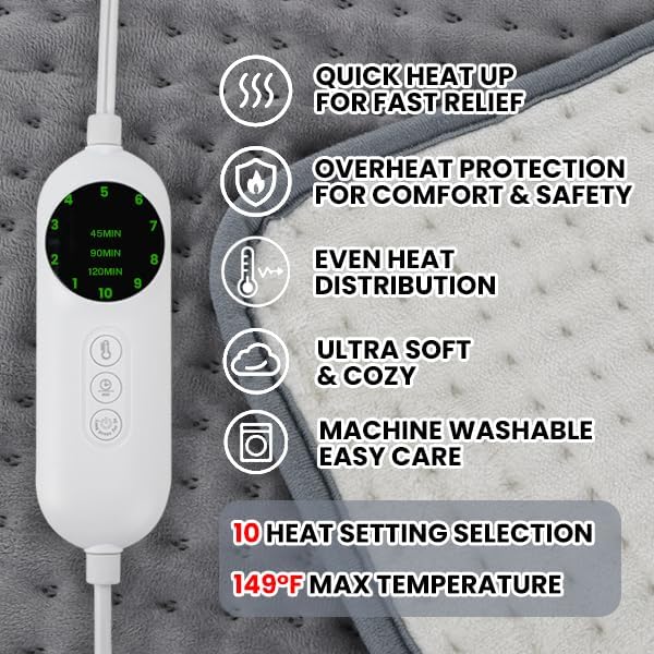 Heating Pad for Back Pain Relief and Period Cramps,Portable Heating Pad for Shoulders and Neck,with 10 Temperature Controllers and 3 Timer Settings,Dry/Moist Heat Therapy,12x24 Inch