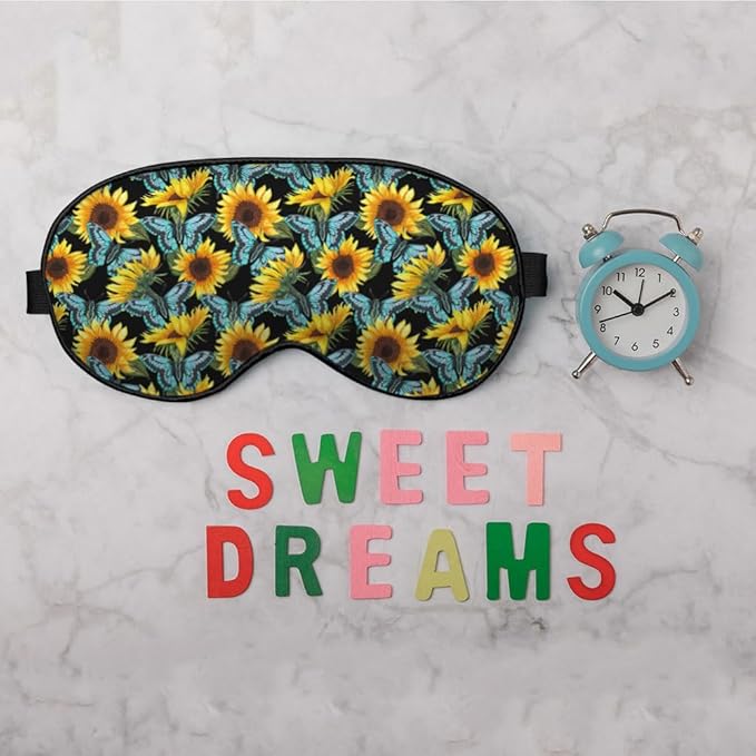Silk Sunflower Butterfly Sleep Eye Mask, Blue, Adjustable Buckle, Soft Eye Shade Cover for Men Women Kids Travel