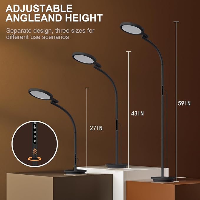Light Therapy Lamp 10000 Lux UV-Free Sun Floor Lamp, 360° Gooseneck Happy Lamp with 5 Colors & 5 Brightness Levels & Remote Control + Touch Dual Control (Black)
