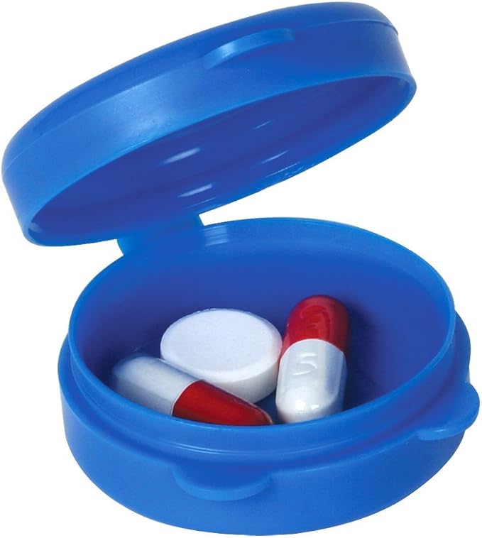 Ezy Dose Daily Round Pocket Pharmacy, Portable On-The-Go, Pill Box, Organizer and Vitamin Containers, Snap Shut Lids, Perfect for Traveling, Colors May Vary, 4 Pack