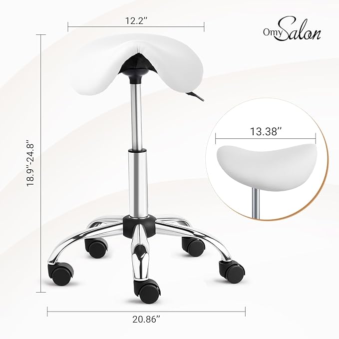 OmySalon Adjustable Saddle Stool with Footrest, Hydraulic Rolling Salon Chair, 360° Swivel Wheels Ergonomic Stool for Hair Stylists, Tattoo Artists, Office, Spa, Massage, Dental (White)