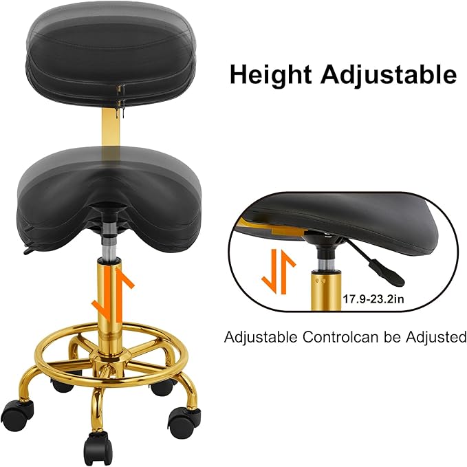 Saddle Rolling Chair Saddle Stool with Backrest Ergonomic Stool with Wheels Hydraulic Adjustable Soft Comfortable Cushion for Salon Tattoo Shop Spa Home Office Dentist Black