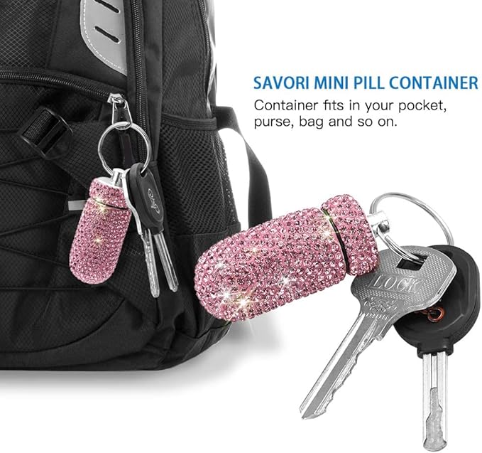 Portable Pill Case Pill Container Waterproof Pill Holder with Keychain Bling Pill Box Medicine Dispenser Bottle Storage for Outdoor Camping Travel (Pink)