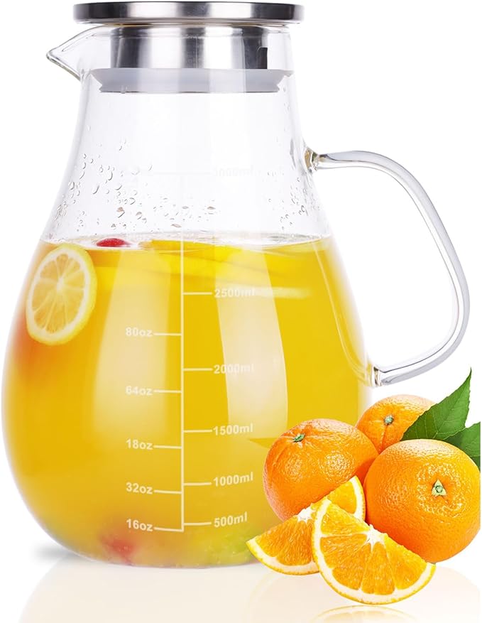 Glass Pitcher, Glass Water Pitcher with Tight Stainless Steel Lid, 105.5oz/3L Heat Resistant Borosilicate Glass Carafe, Temperature Safe