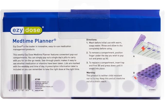 EZY DOSE Weekly (7-Day) Pill Case, Medicine Planner, Vitamin Organizer, Large Pop-Out Compartments, 4 Times a Day, Convenient and Easy to Use, Color May Vary, BPA Free
