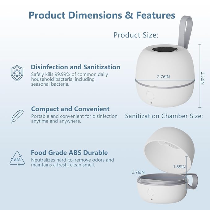 Portable Pacifier Sanitizer, UV Light Sanitizer Box, 99.99% Cleaned in 3 Minutes, 180-Min Battery Life, USB Rechargeable, Baby Pacifier Sanitizer On The Go
