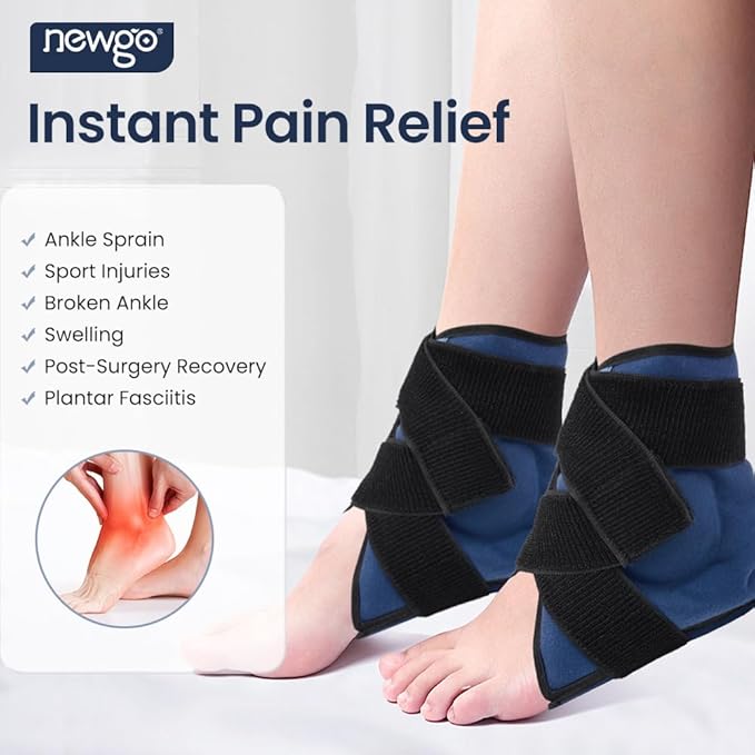 NEWGO Gel Ice Pack Wrap for Ankle & Foot - Reusable Hot and Cold Therapy Wrap for Pain Relief, Swelling, Plantar Fasciitis, Achilles Tendonitis & Sprains - Adjustable Compression Brace (1 Pair)