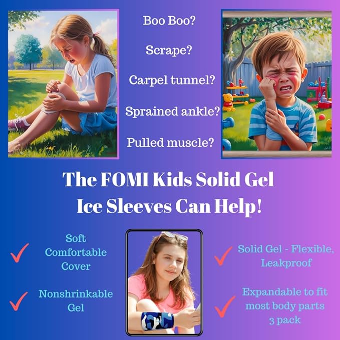 FOMI Premium Kids Hot Cold Solid Gel Boo Boos Ice Packs | 3 Pack | Children’s Fun Flexible Compression Sleeves | 360 Degree Cooling Child Wraps for Knee, Wrist, Elbow, Shin, Ankle, Foot Pain Relief