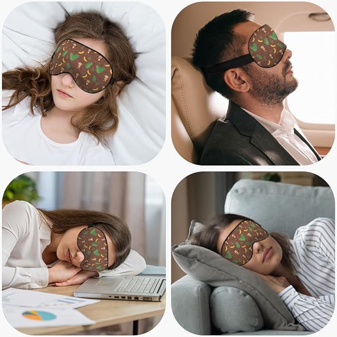 Cute Monkey Silk Sleep Mask, Adjustable Elastic Strap, Yellow, Animal Banana Palm Leaf Pattern, Soft Eye Shade Cover for Men Women Boy Girl Airplane Travel