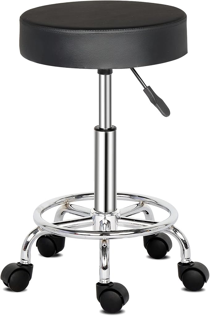 Round Rolling Bar Stool PU Leather with Wheels and Foot Rest, Height Adjustable Task Work Drafting Chair with Back for Salon Spa Tattoo Facial Medical Office Chairs (Black1)