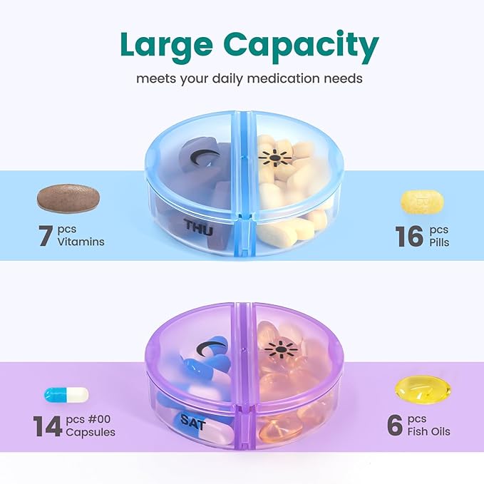 Sukuos 2 Pack Weekly Pill Organizer, Daily Pill Box 7 Day Pill Cases for Vitamins, Fish Oils or Supplements