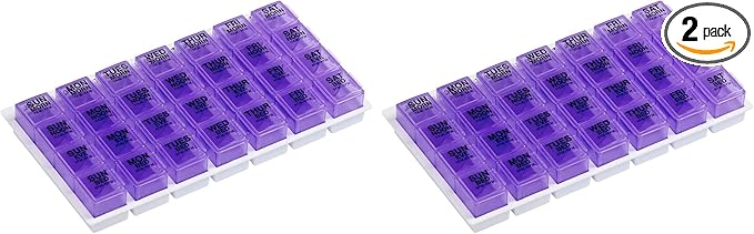 Ezy Dose Weekly (7-Day) Pill Organizer, Vitamin and Medicine Box, Large Pop-Out Compartments, 4 Times a Day, Purple (Pack of 2)