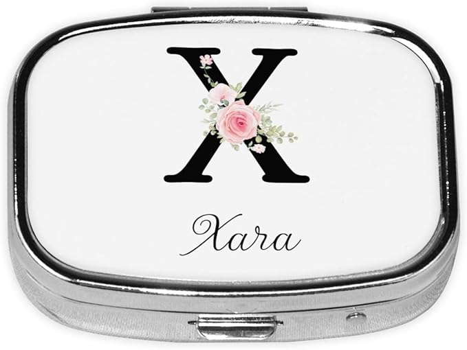 Custom Pill Box Personalized Square Small Pill Case with Mirror Add Your Photo Text Logo Name Decorative 2 Compartment Portable Metal Medicine Container Vitamin Organizer for Pocket Purse Travel (X)