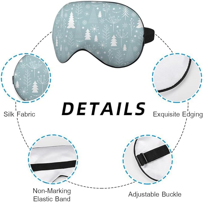 Pine Snowflakes Silk Eye Mask Sleep Mask Snow Winter Christmas Pattern Blue Eye Mask with Adjustable Strap Lightweight for Women Work Travel Night Sleep
