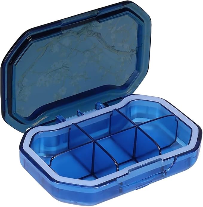 This Portable Almond Blossoms Pattern 6 Compartment Pill Box Can Be Placed in A Pocket Or Wallet to Store Vitamins, Medicines Health Supplements Other Medications.