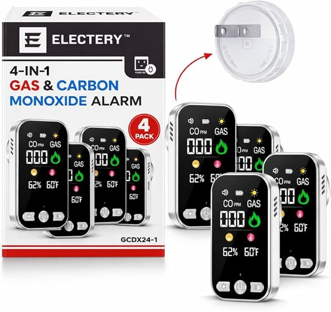 4-in-1 CO Detector & Natural Gas Leak Detector Alarm, Plug-in Carbon Monoxide Detectors with Battery Backup, Digital Display, Temp & Humidity, Portable for Home, Kitchen, RV (4 Pack)