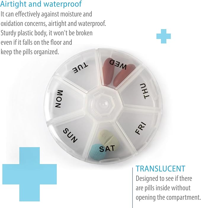 Deke Home - Round Portable Pill Box (2 Pack), Medicine Planner, Small 7 Day Weekly Travel Container, Medication, Vitamin Holder, Pillbox Organizer, Pill Dispenser, Daily Sorter & Reminder, BPA Free