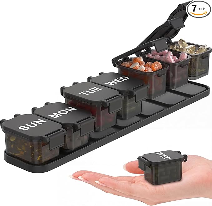 Extra Large Weekly Pill Organizer - Waterproof 7-Day Pill Box, Portable Vitamin & Supplement Case, Easy to Open Design, Ideal for Travel and Daily Medication Management,Black