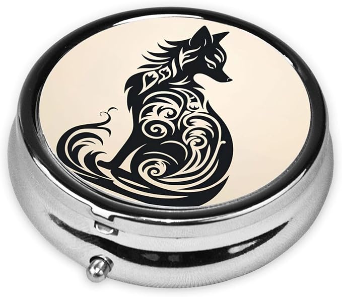 Nordic Art Tattoo Fox Pill Box 3 Compartment Pill Case, Portable Medicine Pill Organizer for Pocket Purse Pill Box Decorative Metal Medicine Vitamin Organizer
