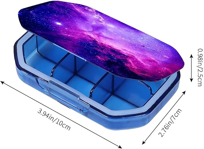 This Portable Purple Nebula Starry Sky Pattern 6-Compartment Pillbox Can Be Placed in A Pocket Or Wallet to Store Vitamins, Medicines Fish Oil Health Supplements Other Medications.